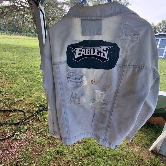 Distressed Philadelphia Eagles Jeans Jacket - Picture 1 of 4